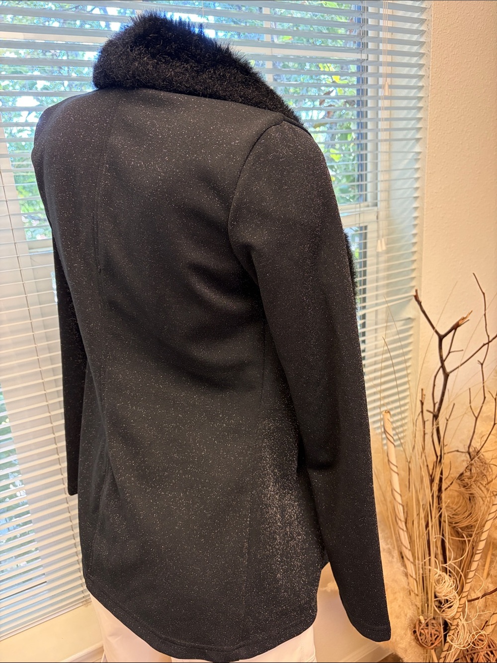 Black Faux Fur Trim Blazer Jacket - Women's Evening Blazer - Picture 3 of 5